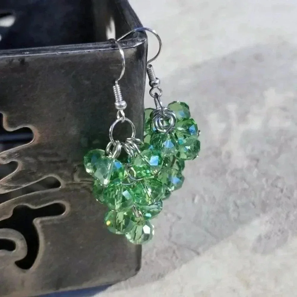Handcrafted Green Faceted Austrian Crystal Beads Grape Cluster Dangle Earnings